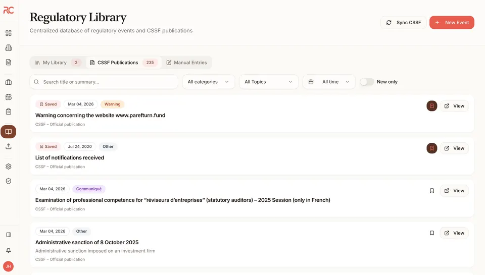 RC Insight — écran Bibliothèque réglementaire