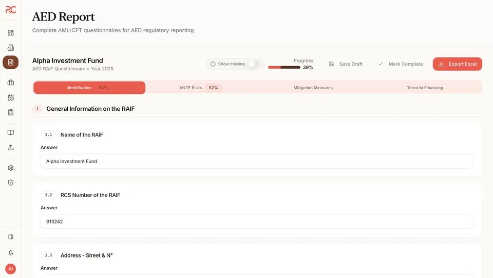 RC Insight — écran Le reporting CSSF et AED